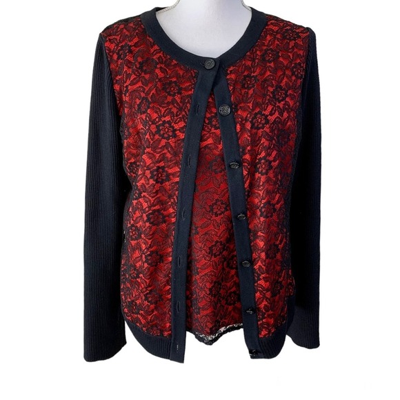 St. John Evening Red and Black Lace Cardigan Set Sz 10 EUC